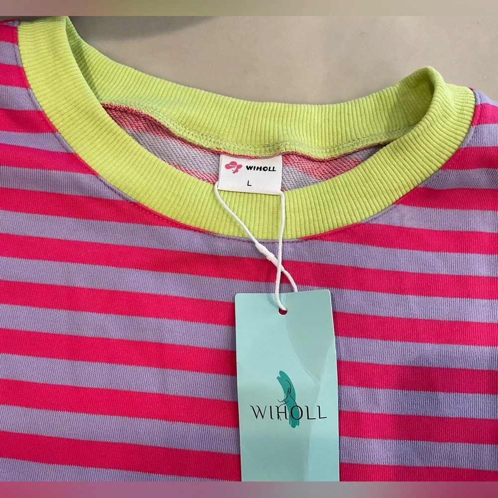 Wiholl Contrast Striped Crew T shirt for Women Sz L NWT - Picture 3 of 5